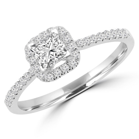 Princess Cut Diamond Multi-Stone 4-Prong Halo Engagement Ring with Round Diamond Accents in White Gold - #LEILA-W