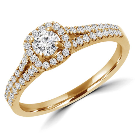 Round Cut Diamond Multi-Stone 4-Prong Split-Shank Halo Engagement Ring with Round Diamond Accents in Yellow Gold - #ALANA-Y