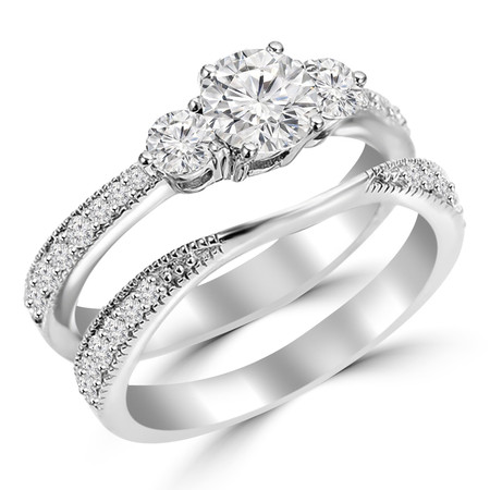 Round Cut Diamond Multi-Stone 4-Prong Trellis-Set Tapered-Shank Engagement Ring & Wedding Band Bridal Set with Round Diamond Accents in White Gold - #HR4746-A-B-W