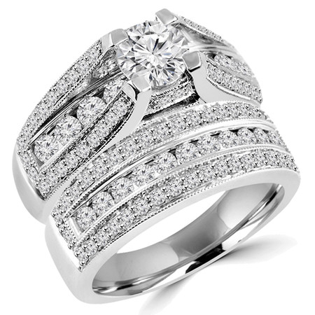 Round Cut Diamond Multi-Stone 4-Prong High-Set Engagement Ring & Wedding Band Bridal Set with Round Diamond Prong & Channel-Set Accents in White Gold - #HR3760-A-B-W
