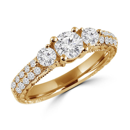 Round Cut Diamond Three-Stone 4-Prong Vintage Engagement Ring with Round Diamond Pave Accents in Yellow Gold - #HR4735-Y