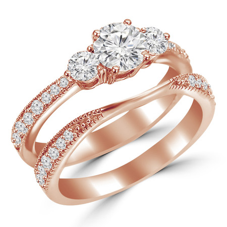 Round Cut Diamond Multi-Stone 4-Prong Trellis-Set Tapered-Shank Engagement Ring & Wedding Band Bridal Set with Round Diamond Accents in Rose Gold - #HR4746-A-B-R