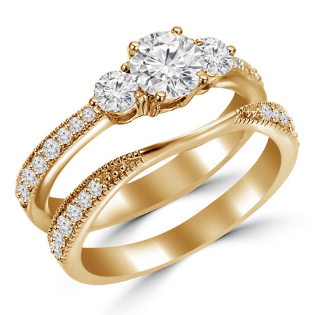 Round Cut Diamond Multi-Stone 4-Prong Trellis-Set Tapered-Shank Engagement Ring & Wedding Band Bridal Set with Round Diamond Accents in Yellow Gold - #HR4746-A-B-Y