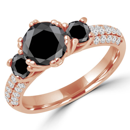 Round Cut Black Diamond Three-Stone 4-Prong Vintage Engagement Ring in Rose Gold - #HEIDI-BLK-R