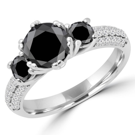 Round Cut Black Diamond Three-Stone 4-Prong Vintage Engagement Ring in White Gold - #HEIDI-BLK-W