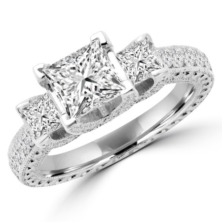 Princess Cut Diamond Three-Stone 4-Prong Vintage Engagement Ring in White Gold - #CARMEN-W
