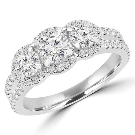 Round Cut Diamond Three-Stone 4-Prong Triple Halo Engagement Ring with Round Diamond Accents in White Gold - #LOIS-W