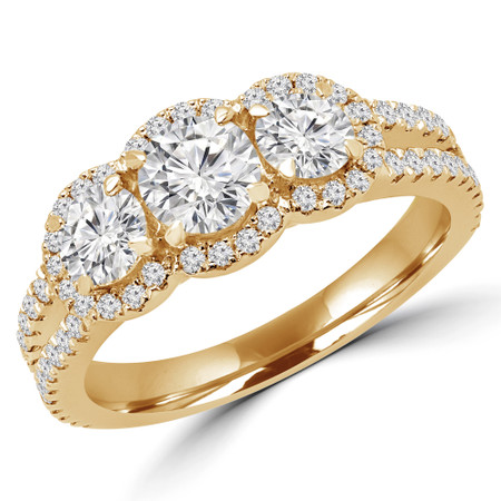 Round Cut Diamond Three-Stone 4-Prong Triple Halo Engagement Ring with Round Diamond Accents in Yellow Gold - #LOIS-Y