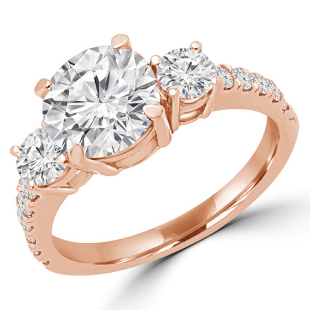 Round Cut Diamond Three-Stone 4-Prong Engagement Ring with Round Diamond Accents in Rose Gold - #LEDA-R