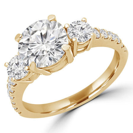 Round Cut Diamond Three-Stone 4-Prong Engagement Ring with Round Diamond Accents in Yellow Gold - #LEDA-Y
