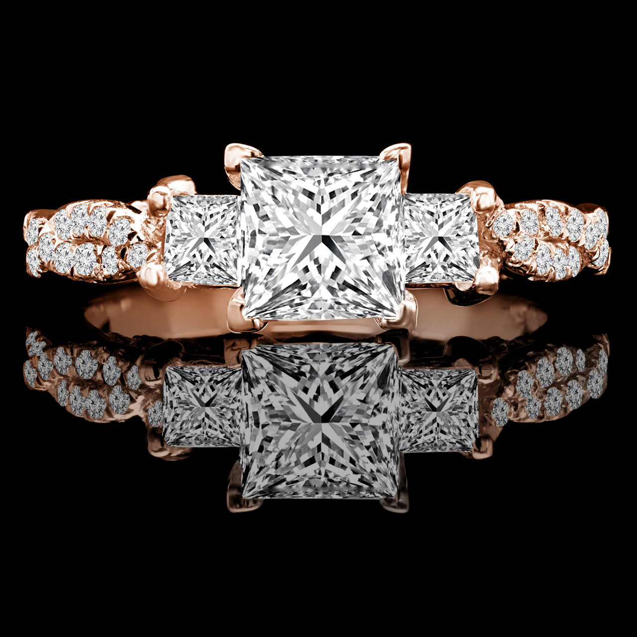 Princess Cut Diamond Three-Stone 4-Prong Vintage Engagement Ring in Rose  Gold - #CORA-R - Bijoux Majesty