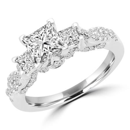 Princess Cut Diamond Three-Stone 4-Prong Vintage Engagement Ring in White Gold - #CORA-W