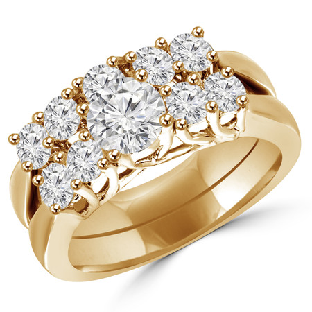 Round Cut Diamond Multi-Stone 4-Prong Trellis-Set Engagement Ring & Wedding Band Bridal Set in Yellow Gold - #HR7002-A-B-SET-Y