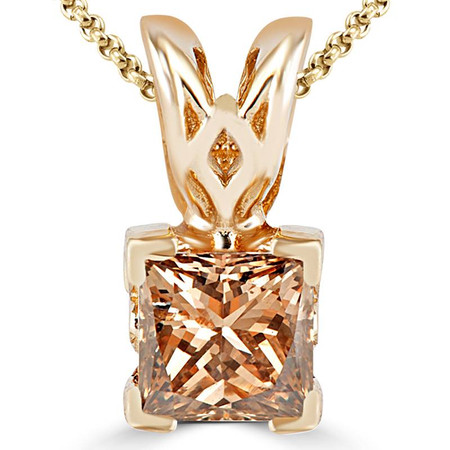 Princess Cut Champagne Diamond Solitaire V-Prong Decorative-Bail Pendant Necklace with Chain in Yellow Gold - #PSF-Y-CHAMP