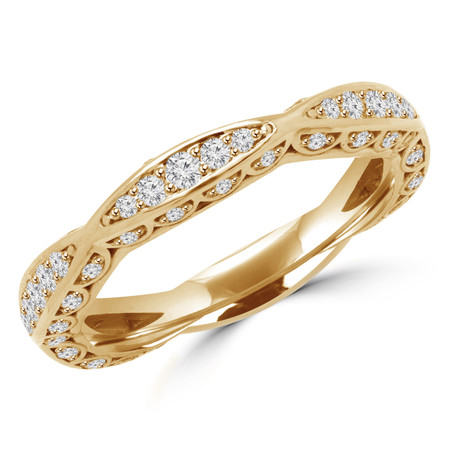 Round Cut Diamond Multi-Stone Classic Semi-Eternity Scalloped Wedding Band Ring in Yellow Gold - #BAR-Y