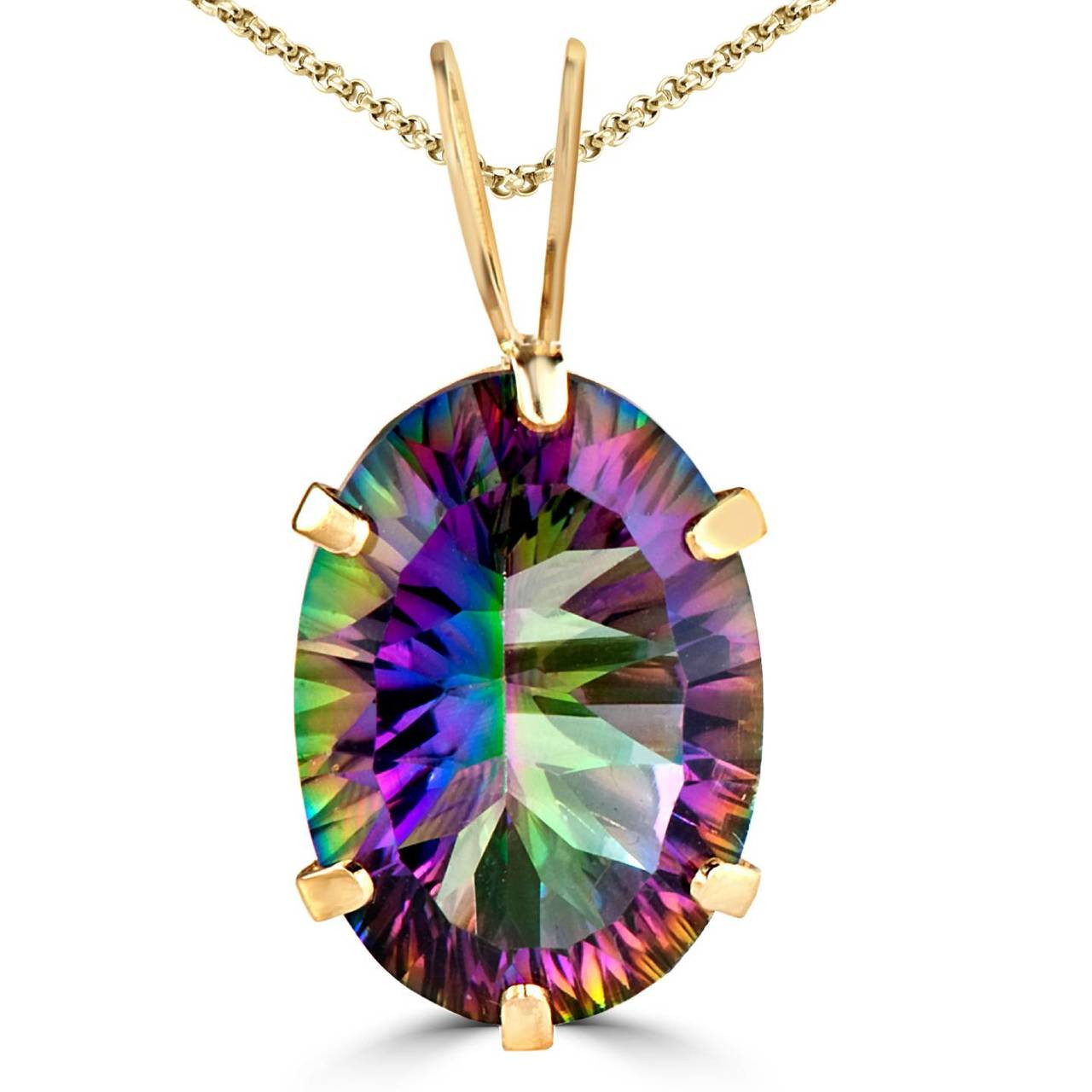Oval Mystic Topaz Solitaire Pendant Necklace 14K Yellow Gold With Chain