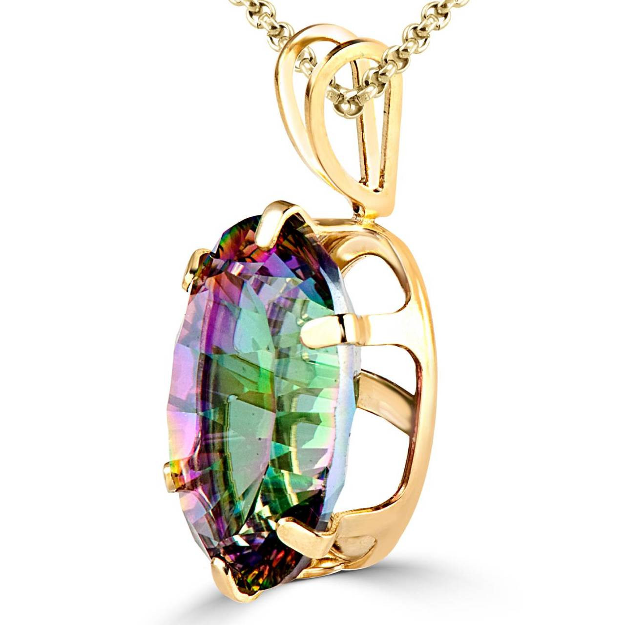 Oval Mystic Topaz Solitaire Pendant Necklace 14K Yellow Gold With Chain