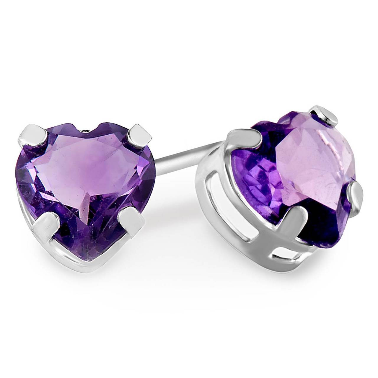 Heart Purple Amethyst Stud Earrings 14K White Gold 720A E70 Bijoux