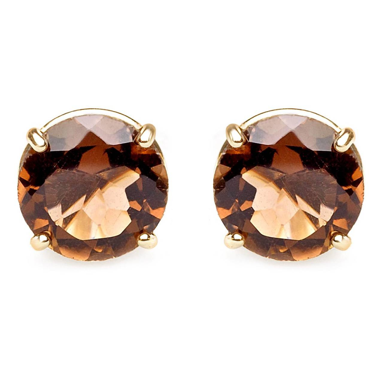 Round Cut Brown Quartz Stud Earrings 10K Yellow Gold 750A E100
