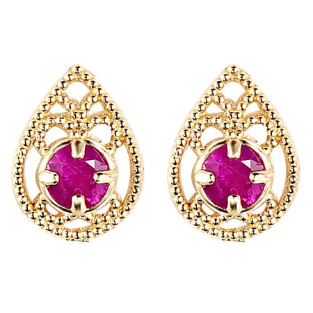 Round Cut Red Ruby Stud Earrings 14K Yellow Gold  - #E150-R