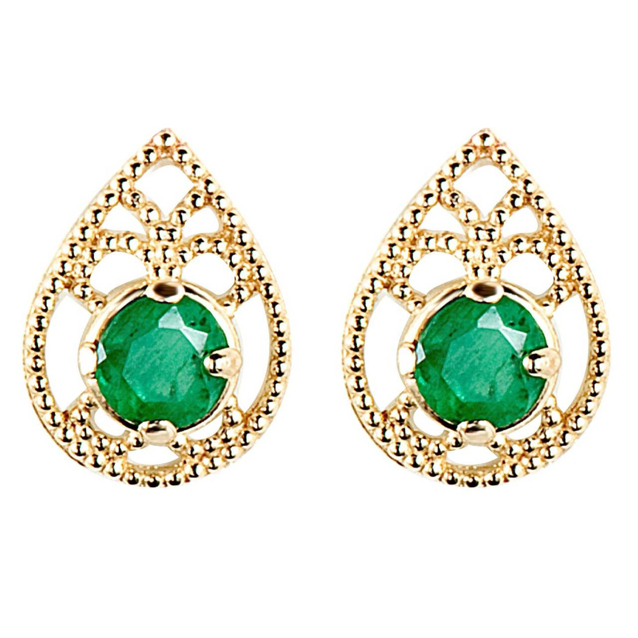 Round Cut Green Emerald Stud Earrings 14K Yellow Gold - # ...