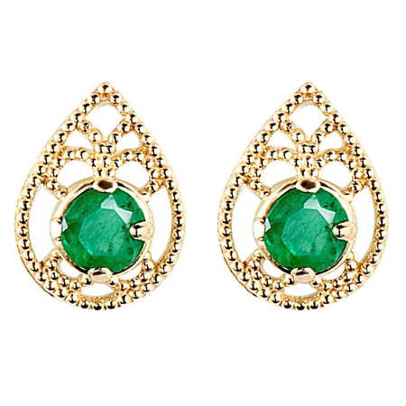 Round Cut Green Emerald Stud Earrings 14K Yellow Gold  - #E150-G