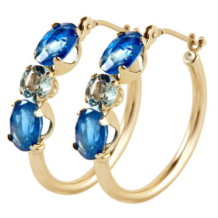 Oval Blue  Sapphire Hoop Earrings 14K Yellow Gold  - #E175