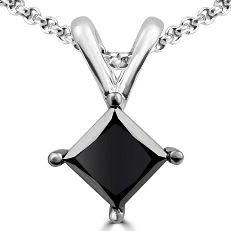Princess Cut Black Diamond Pendant 10K White Gold  With Chain - #CDPECX8543