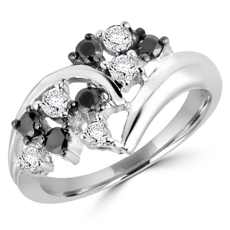 Round Cut Black & White Diamond Multi-Stone Floral Prong-Set Cocktail Ring in White Gold - #CDFROH4608