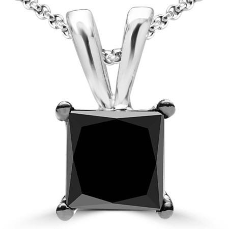 Princess Cut Black Diamond Pendant 10k White Gold  With Chain - #CDPECH6993