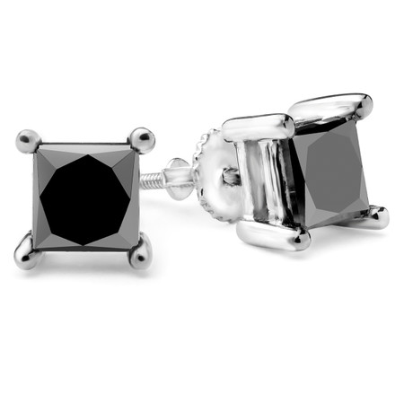 Princess Cut Black Diamond Stud Earrings 10K White Gold  - #CDEAOH6713