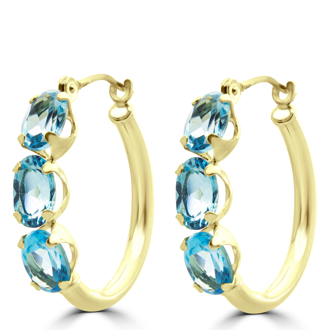 Oval Blue Topaz Hoop Earrings 14K Yellow Gold - #410A - Bijoux Majesty