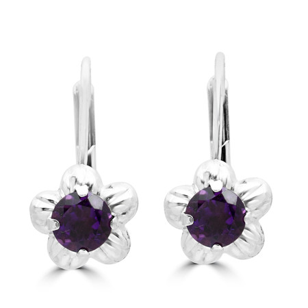 Round Cut Purple Amethyst Dangle Drop Earrings 14K White Gold  - #400-B