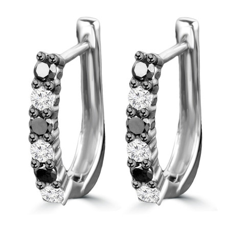 Round Cut Black Diamond Huggie Earrings 14K White Gold  - #CDEAOH1534