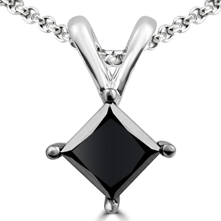 Princess Cut Black Diamond Pendant 10K White Gold  With Chain - #CDPEOH4649