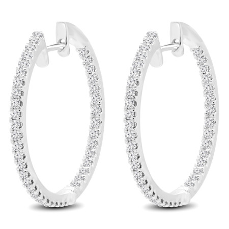 Round Cut Diamond Hoop Earrings 14K White Gold  - #HDE3593