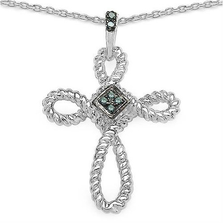 1/20 CTW Round Cut Blue Diamond and Black Rhodium Accent Cross Pendant in .925 Sterling Silver - #BMS150156