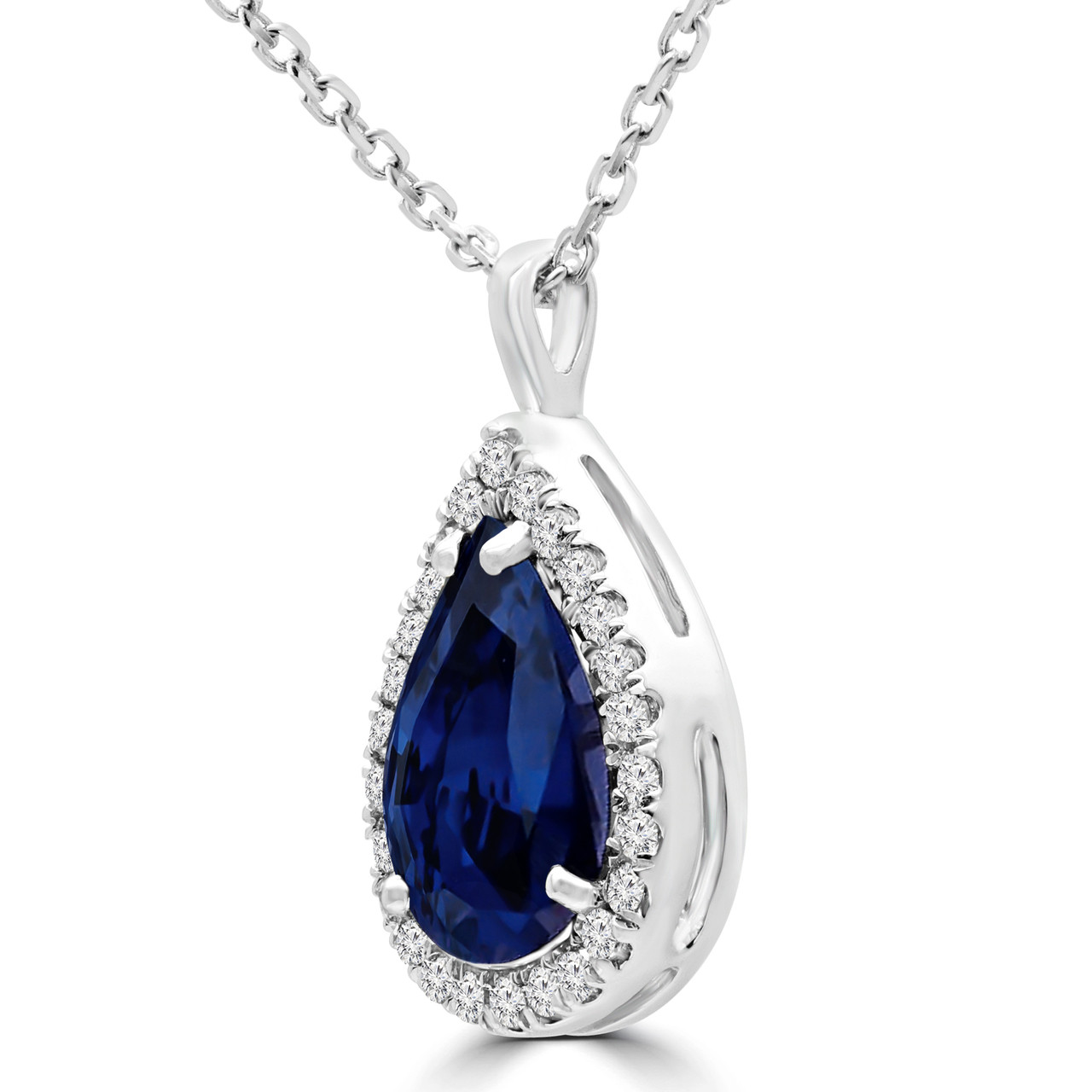 Pear Blue Sapphire Pendant Necklace 14K White Gold With Chain 