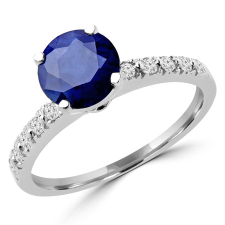 Round Cut Blue Sapphire Gemstone Multi-Stone 4-Prong Engagement Ring with Round Diamond Accents in White Gold - #HR10362-SA-W