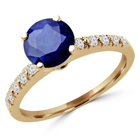 Round Cut Blue Sapphire Gemstone Multi-Stone 4-Prong Engagement Ring with Round Diamond Accents in Yellow Gold - #HR10362-SA-Y
