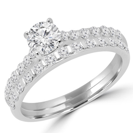 Round Cut Diamond Multi-Stone 4-Prong Engagement Ring & Wedding Band Bridal Set with Round Diamond Accents in White Gold - #CALINA-A-B-W