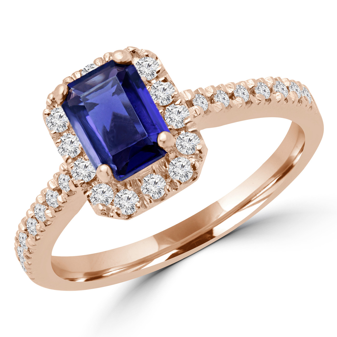 Emerald Cut Purple Iolite Multi-Stone 4-Prong Halo Engagement Ring with ...