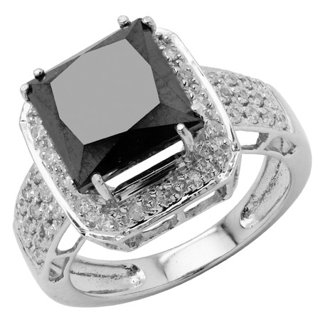 Princess Cut Black Diamond Multi-Stone 4 Double-Prong Halo Cocktail Ring with Round White Diamond Accents in White Gold - #CFQT6-PRINCESS-BLK-W