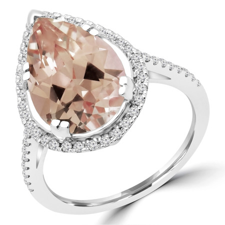 Pear Cut Pink Morganite Gemstone Multi-Stone 5-Prong Halo Cocktail Ring with Round White Diamond Accents in White Gold - #CSFR5M0063-PEAR-PINK-MORGANITE-W