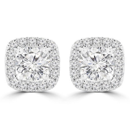 Round Cut Diamond Multi-Stone 4-Prong Halo Stud Earrings with Round White Diamond Accents in White Gold - #E8890-W
