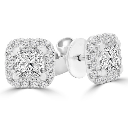 Princess Cut Diamond Multi-Stone 4-Prong Halo Stud Earrings with Round White Diamond Accents in White Gold - #E8902-PRINCESS-W