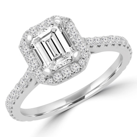 Emerald Cut Diamond Multi-Stone 4-Prong Halo Engagement Ring with Round Diamond Accents in White Gold - #EMERALD-W