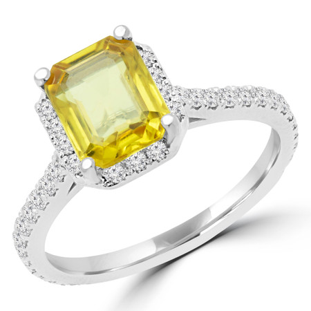 Emerald Cut Yellow Sapphire Multi-Stone 4-Prong Halo Engagement Ring with Round Diamond Accents in White Gold - #EMERALD-YEL-SAPPHIRE-W