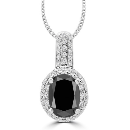 Oval Cut Black Diamond Multi-Stone Halo Pendant Necklace with Round Diamond Pave Accents in White Gold with Chain - #ESFQ111-OVAL-BLACK-W