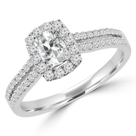 Cushion Cut Diamond Multi-Stone 4-Prong Split-Shank Two-Row Halo Engagement Ring in White Gold - #EVA-CUSHION-W